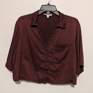LUNYA Red Burgundy Silk Cropped Button Down Pajama Top Sleep Lounge Shirt Size M